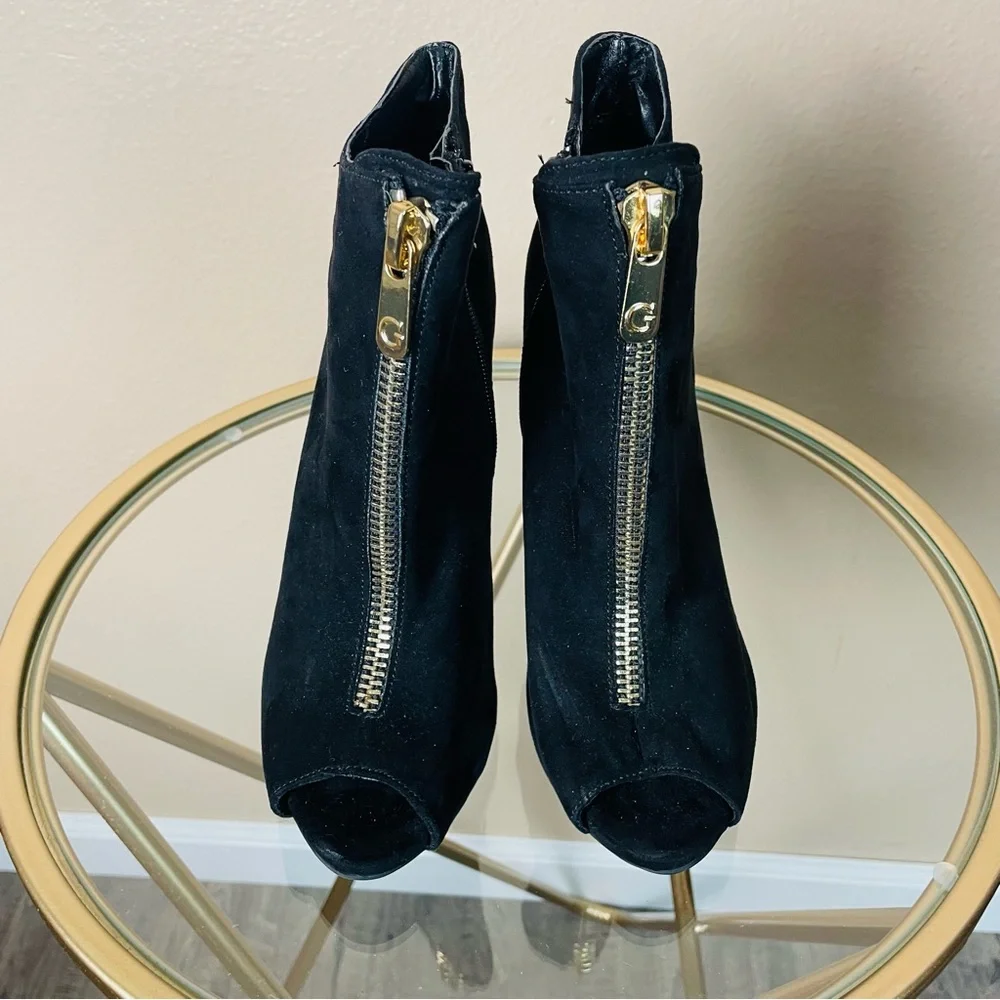 Guess Black Suede High Heels Peep Toe 4 Inch Zip Up Open Toe Heels 8 M New - Picture 4 of 10